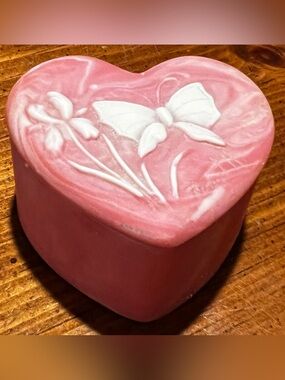 VTG Robert Nemith Signed Heart Pink Soapstone Trinket Box Butterfly Made In USA